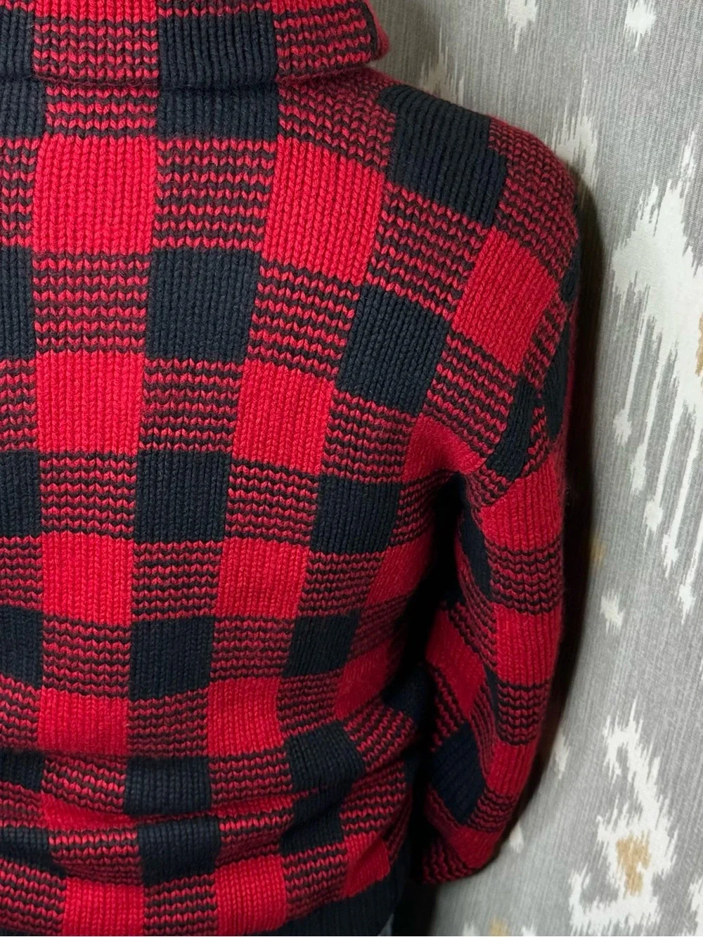 Polo Ralph Lauren Red Buffalo Check Plaid Cashmere Shawl Collar Sweater